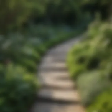 A harmonious wooden garden path winding through lush greenery