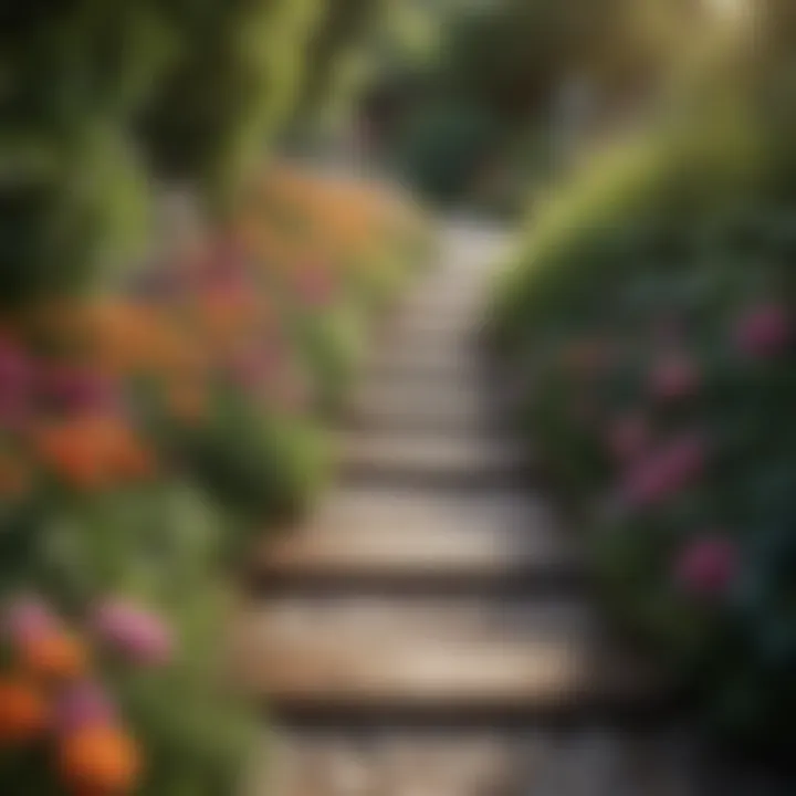 A wooden garden walkway bordered by vibrant flowers under soft sunlight