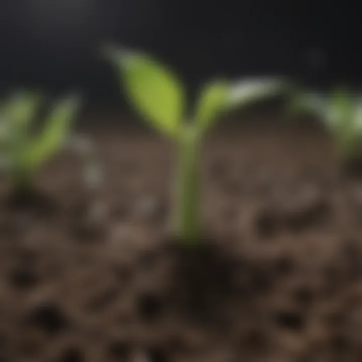 Close-up of young cucumber seedling sprouting from soil